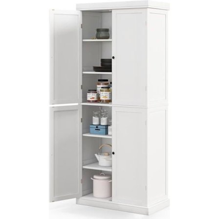 COSTWAY-sekki-keittiön kaappi - 4 ovea, 2 säädettävää hyllyä, kaatumisenestolaite - olohuone, ruokasali - valkoinen