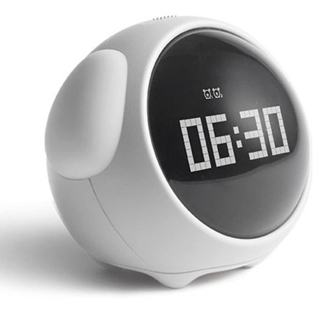 Et børnevenligt vækkeur, der vækker dig til tiden, med stemmeaktiveret natlys og snooze-funktion.