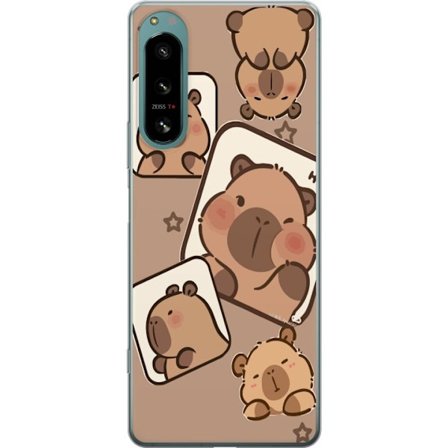 Kompatibelt Mobilskal till Sony Sony Xperia 5 IV Capybara Frame Friends Lekfullt mönster med små kapibaror i rutor med stjärnor och beige bakgrund