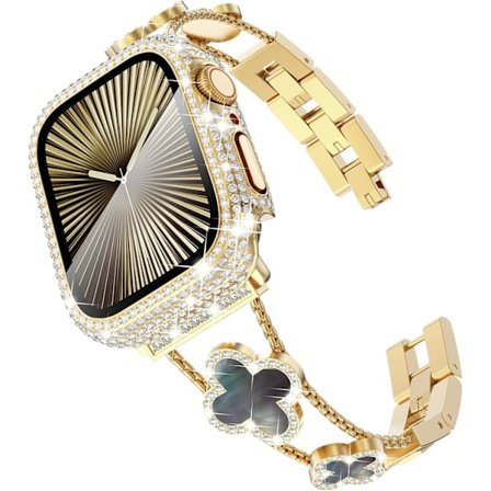 Surace Kompatibel med Apple Watch Series 10 Armband 42mm för Kvinnor, Smycken Diamant Rhinestone Rostfritt Stål Metallarmband Klöver