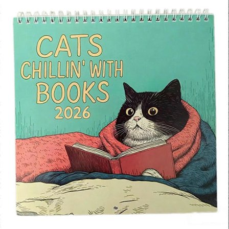 Katte der chiller med bøger 2026 Vægkalender, sjov katte-tema vægkalender, 12 månedlig vægplanlægger 2026