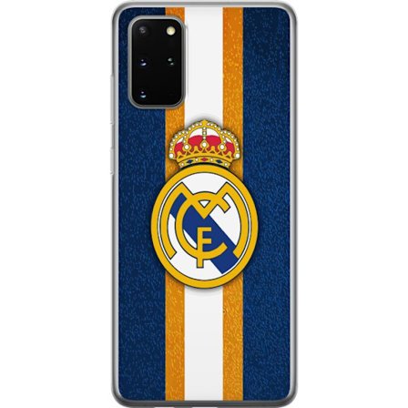 Kompatibelt Mobildeksel til Samsung Galaxy S20+ Real Madrid klubbmerke med kongelig krone mot blå bakgrunn med gule og hvite striper
