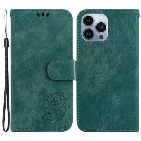 Cartoon Tiger Imprint Cover för Iphone 14 Pro Läder Plånboksställ anti-scratch Phone case Green