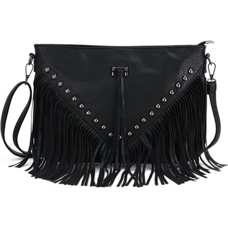 Läderväska för dam med nitar och fransar, axelväska, hobo-stil
