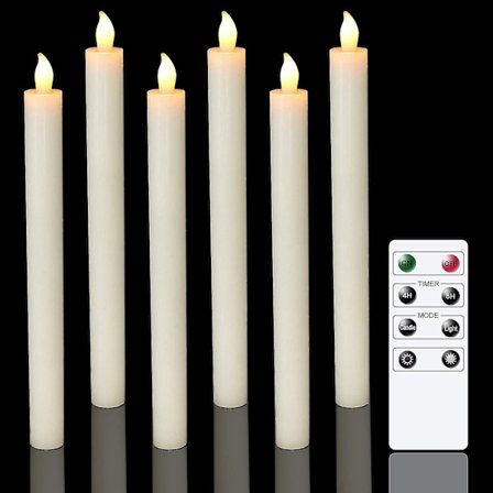 6-pak batteri-drevne LED-lys med fjernkontroll og timer, ekte voks flimrende varmt hvitt lys for vinduer, juledekorasjon, hjem, bryllup, elfenben