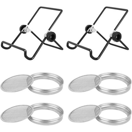 Groningslock med bred öppning, 4-pack, 304 rostfritt stål, groddburkslock med 2-pack hopfällbara groddställ för 86 mm Masonburkar med bred öppning