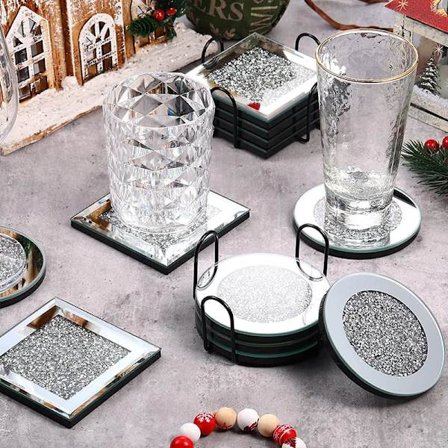 Glass coffee and tea coaster set tableware decoration cups and saucers silver shiny rhinestones