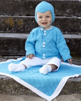 Beskrivning Babyset, kofta, filt, hjälm och tossor