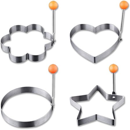 Sett med 4 eggringer, eggringer i rustfritt stål for steking, sammenleggbart håndtak stekte eggringer