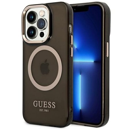 Guess GUHMP14LHTCMK iPhone 14 Pro 6,1" sort/sort hårdt etui Gold Outline Translucent MagSafe