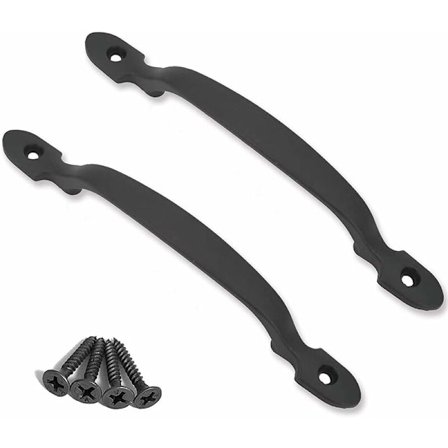 2 sorte greb i støbejern til låger til lader, haver, skure, sorte-