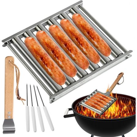 Pølseholder med rulle til grill med langt træhåndtag til grill, hotdogs og pølser