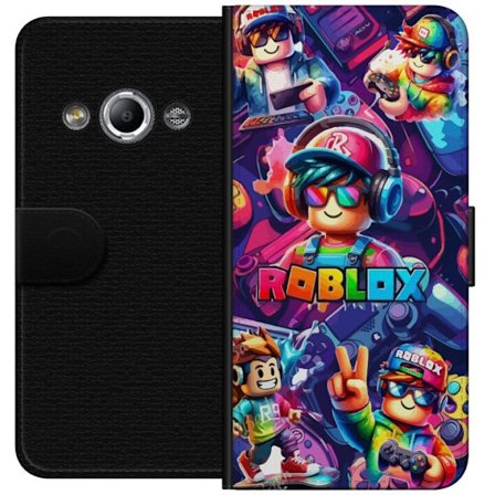 Kompatibel Tegnebogsetui til Samsung Galaxy Xcover 3 Farverig Roblox spil illustration med flere karakterer, håndkontroller, neonlys og dynamisk samm