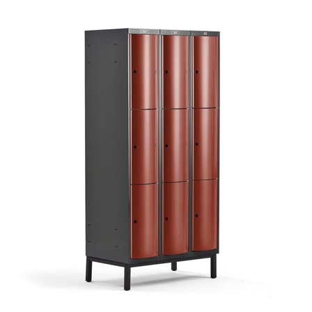 Clothes locker CURVE, leg frame, 3 x 3 doors, 1940x900x550 mm, red