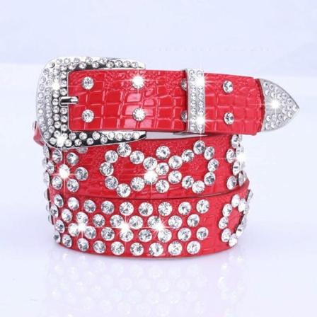 Glitterbälte Rhinestone Crystal Dubbade midjebälten Dam Western Shiny PU-läder Bred midjeband Red