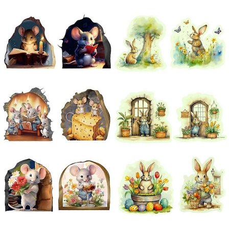 12 STK Søte Selvlysende Veggdekorasjoner Bedårende Mus Leser Bok Kanin Barnerom Veggdekor Klistremerke Dec.pa