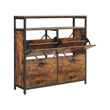 Rootz Skoskab - 4 klapper Skoskab - Skostativ - Skoskab med låger - Skoopbevaringsskab - Spånplade/stål - Vintage Brun-Sort - 98,3 x 30 x 95 cm