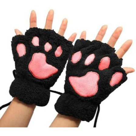 Vinter Katt Votter Svarte Varme Plysjhalvfingerhansker