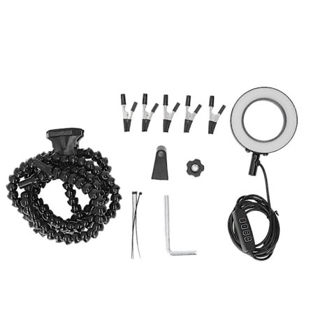 Loddehjelpende hånd 5 kjever 3X USB Forstørrelsesglass ABS Fleksible armer Lys Loddestasjon Svart