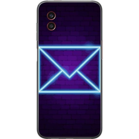 Yhteensopiva Puhelinkuori Samsung Samsung Galaxy Xcover6 Pro Neonilta illuustraatio kirjekuoresta sinisessä valossa lila tiiliseinää vasten, nykyai