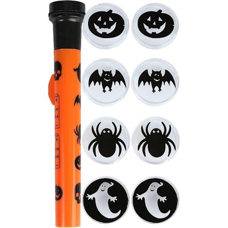 Halloween-projektorfackla - Pack om 1 - Orange och svart fackla dekorerad med Halloween-symboler + 5 läskiga karaktärshattar - Rolig Halloween-