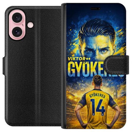 Yhteensopiva Lompakkokotelo Apple Apple iPhone 16 Viktor Gyökeres jalkapallojuliste keltaisella ja sinisellä värimaailmalla, dramaattinen stadionta