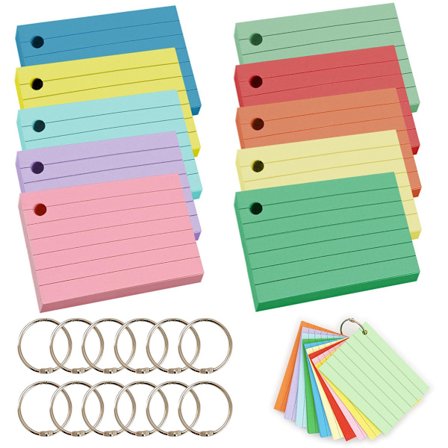 Flashcards 100 stk A8 - Flashkort - Indekskort - Fane-kort - Minnekort - Linjert - Med Snap Rings - For å ta notater, organisere tanker,