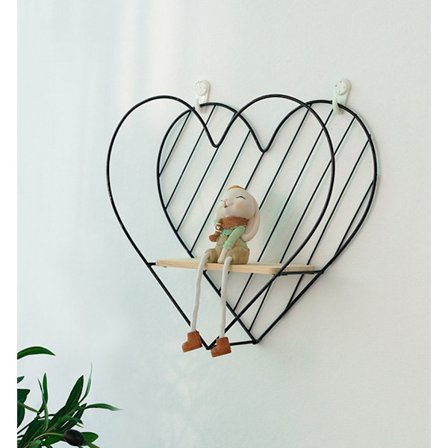 Väggmonterad hylla i metall, svart, flytande hyllor i trä, hjärtformad industriell hylla, väggdekoration, sovrum, badrum, familjepresent