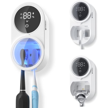 Hammasharjateline ja pesuaineen/partahöylän pidike, seinään kiinnitettävä sähköhammasharjateline kuivaustoiminnolla, steriloiva kuppiteline