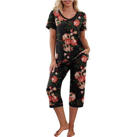 Dampyjamas 2 delar Sovkläder kortärmad Tee & capribyxor