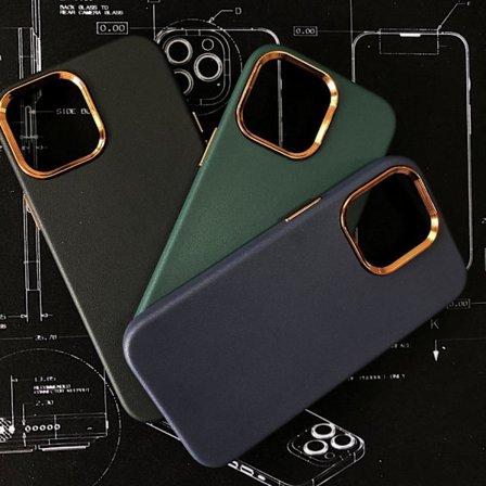 iPhone 13 Pro klassisk etui i vegansk læder guldramme & guldknapper