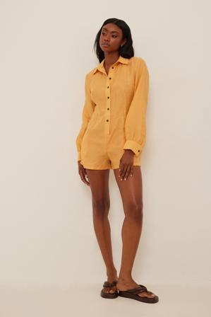 NA-KD Long Sleeved Linen-blend Playsuit - Combishorts - Orange - EU 34