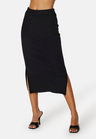 Pieces Crista HW Midi Knit Skirt Black Klær