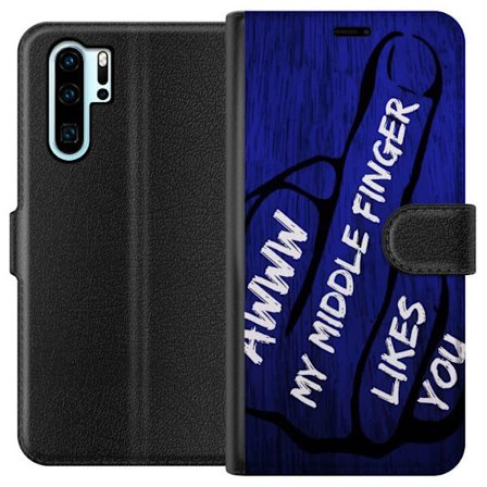 Kompatibelt Lommeboketui til Huawei P30 Pro Mørk typografisk illustrasjon med hjerteform og budskap om vennskap mot dyp blå tretekstur