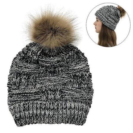 Dame Valentinsdag Lue Varm Strikket Ull Tykk Lue Med Hestehalehull Knapp Lue Blandinger For Maskeholder, Beige Svart Blomst