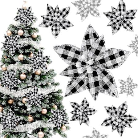 12 stycken julgranspynt i buffelrutig julstjärna, konstgjorda julblommor med glitterpulver för jul, 17 cm (svart och vitt)