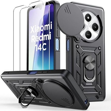 Coque til Xiaomi Redmi 14C - Sort - Stødabsorberende - Ridsefast - 2 hærdede glas