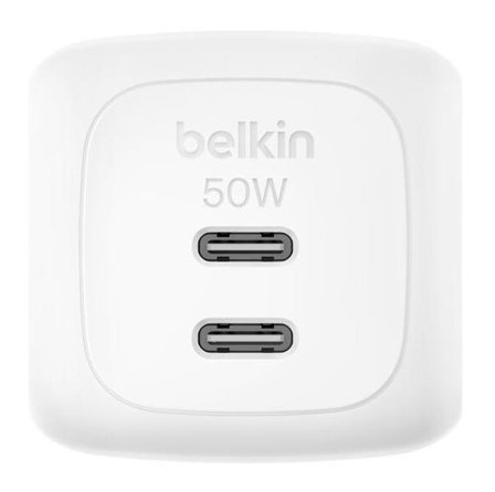 Belkin Dual USB-C PD GaN vegglader (hvit) 50W, USB-C, GaN