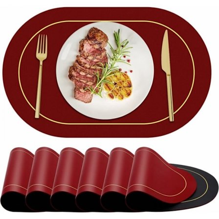Set med 6 burgunder ovale skinn placemats vaskbare coasters bord