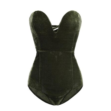 Dam V-hals Sexig sammet Strapless Body Jumpsuit Sweetheart Deep Army Green S