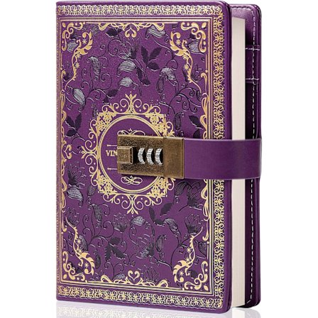 Vintage Lærjournal Notatbok Med Kombinasjonslås, B6 Preget Blomst Hemmelig Dagbok Lilla