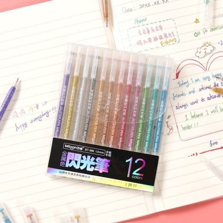 CDQ 12 farger/sett Metallic Glitter Pen Ritning Pastell Highlighter