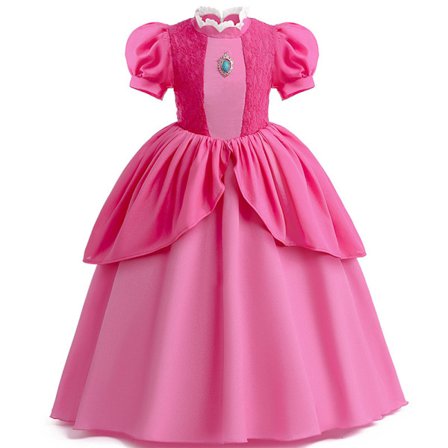 Princess Peach Costume Girls Puff Sleeve Dress Halloween Dress -a