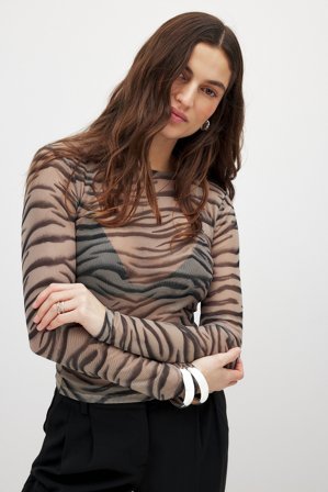 NA-KD Round Neck Fitted Mesh Top - Festtoppe - Multicolor - M (EU 38-40)