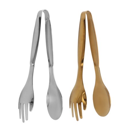 2 stk. ske-gaffel-tænger i rustfrit stål, lille serverings-madklemme, salat, kage, buffet, køkkentilbehør