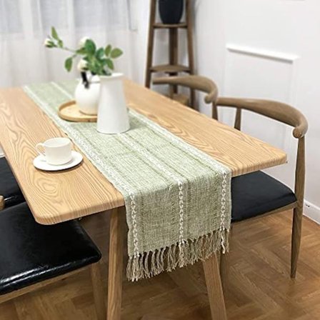 Bordløper i flettet design for spisebord, bordløper i bomulls-lin med håndlagde dusker, brodert stripet boho-bordløper i vintage design