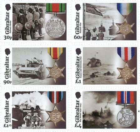 Gibraltar - Fortjenstmedaljer, 80 år efter 2. verdenskrig - Postfrisk sæt 6v