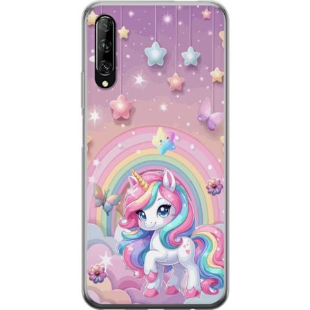 Yhteensopiva Puhelinkuori Huawei P smart Pro 2019 Maaginen yksisarvinen, jolla on sateenkaarimane, tähtiä ja perhosia vasten pastellinväristä taivasta