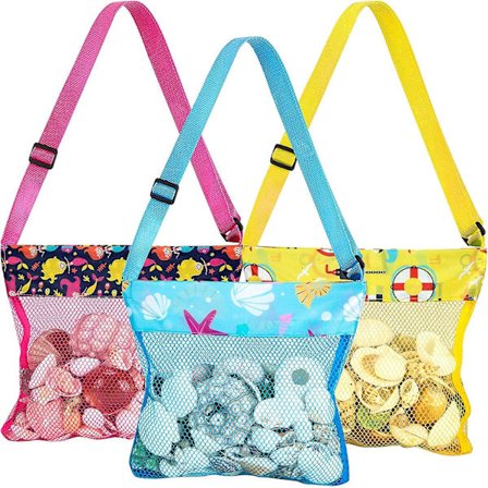 Strandnet Skalpose, 3 stk. Bærbare Muslingeposer i 3 Farver, Med Justerbare Strandnetposer til Muslingesamlning, Opbevaring af Frugt, Grøntsager eller