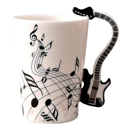 Keraaminen kuppi kahvimuki soitinmuki luovaan lahjaan musta kitara nuottiviivasto LGL